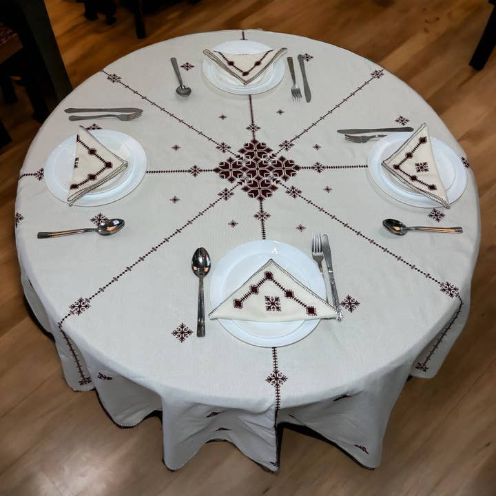 Burgundy Hand Embroidered Table cloth and napkins, a magnificent decoration to add a Moroccan touch to your home. for wholesale by Moroccantastics