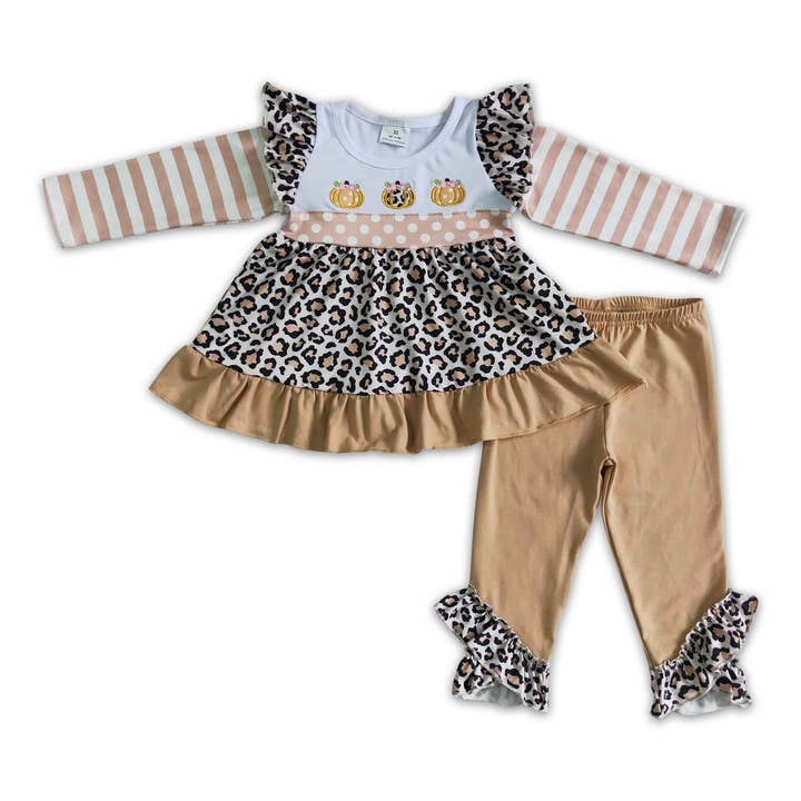 Pumpkin embroidery leopard tunic girls fall clothes for wholesale by Yawoo Garments