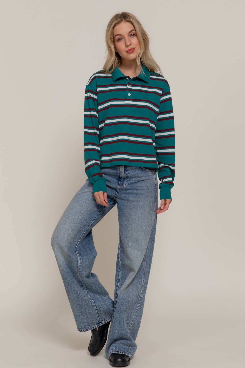 Active Basic | Active USA - Wholesale Polo - Women's - Long Sleeve Multi Stripe Polo Top7