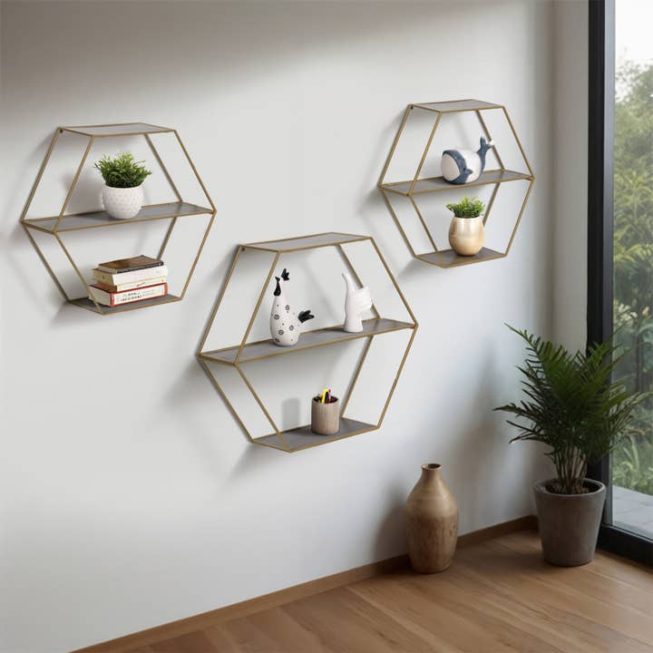 Sagebrook Home – wholesale Vägghylla – Guld 21/24/26 tum Trä Hexagon Vikbar Vägg Hylla (Set om 3)