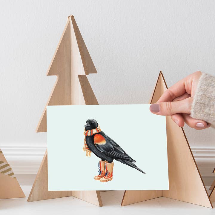 Red-winged Blackbird wearing shoes Greeting Card for wholesale by Sardines Studio