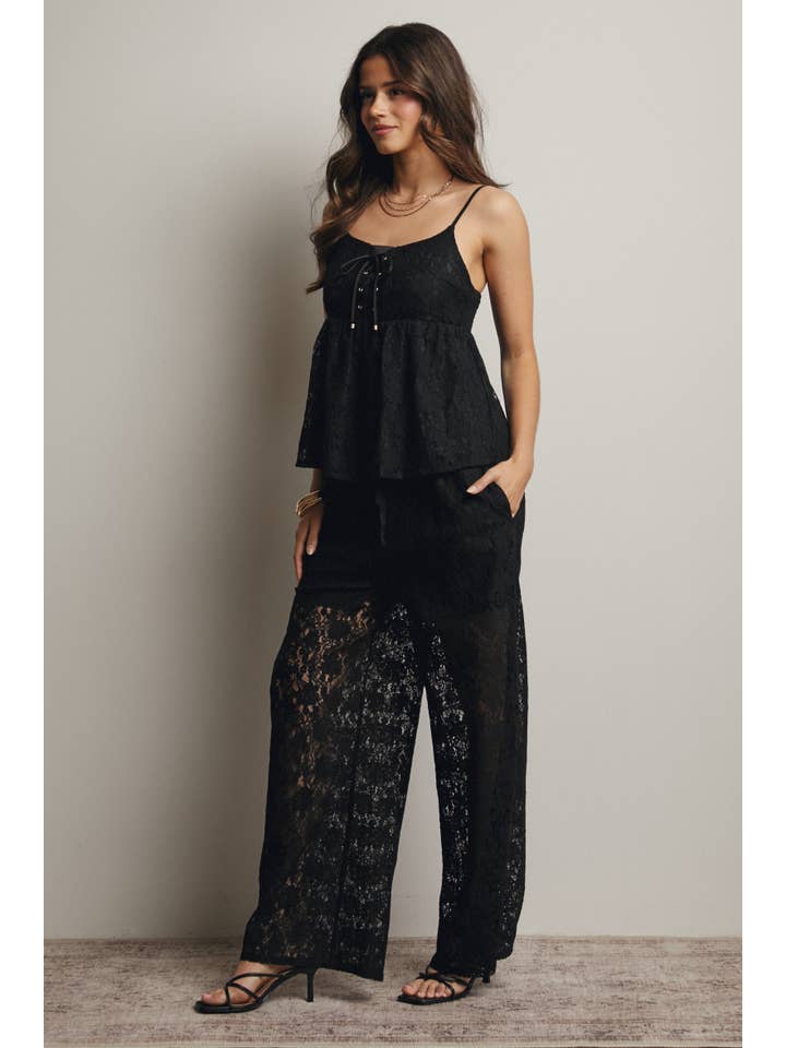 Negro Conjunto de Camiseta con Cordones y Pantalón de Pierna Ancha FSET004 de venta al por mayor en Faire8