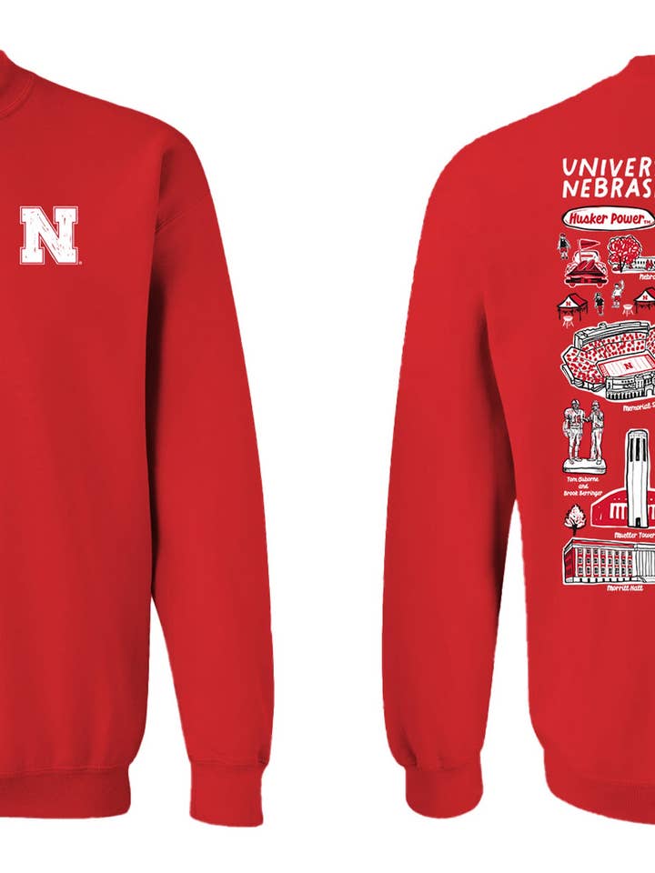Vive La Fete - Wholesale Graphic Sweatshirt - Women's - University of Nebraska Huskers Hand Sketched Vive La Fete Impressions Red Crew Neck Sweatshirt for Women2