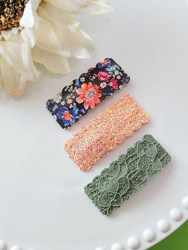 2.5" Rectangle Scallop Snap Clip 3pak-Dark Vintage Floral for wholesale by Dainty Delights Creations