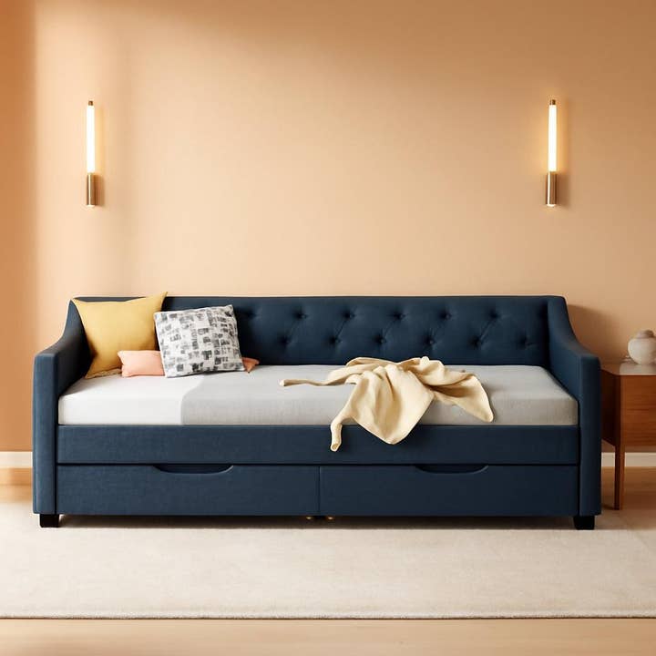 Twin Size Daybed In Dark Grey Linen With Two Drawers for wholesale on Faire