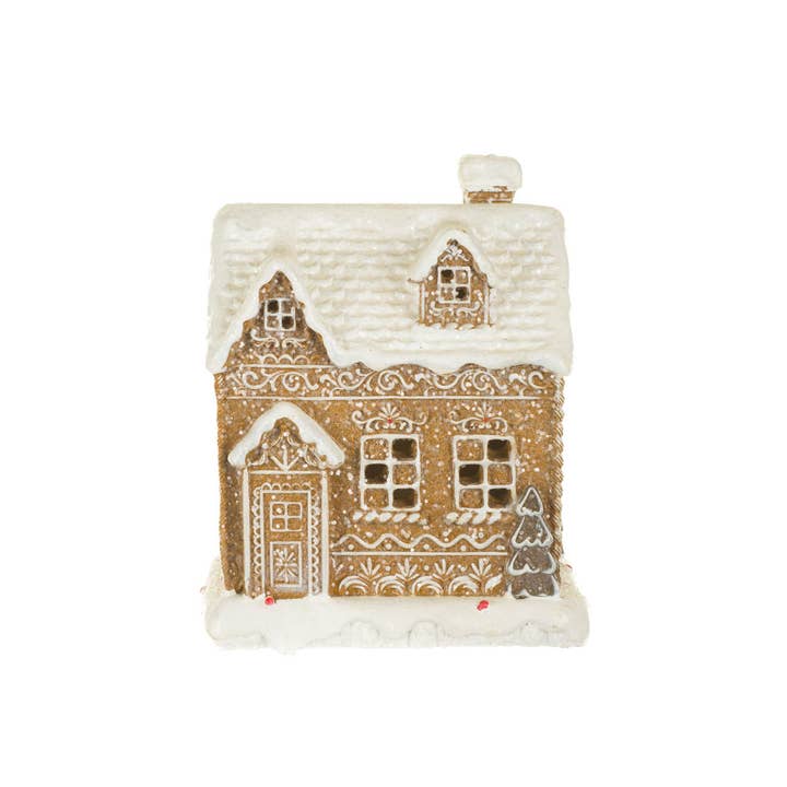 Starlight Collection - Wholesale Decorative Tabletop Object - NEW-White/Grey Led Gingerbread House W/ Snowcapped Chimney