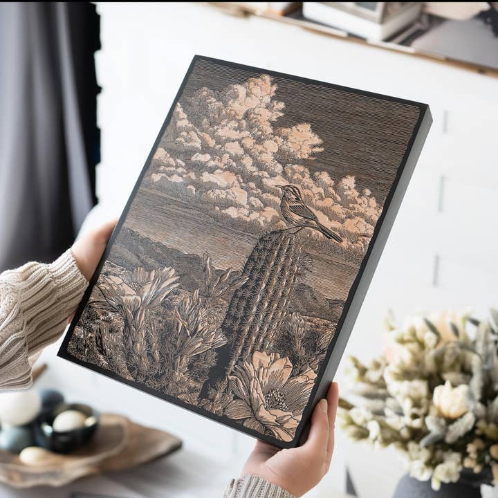 Cactus Wren Scene Engraved Illustration for wholesale by Benoit's Design Co.