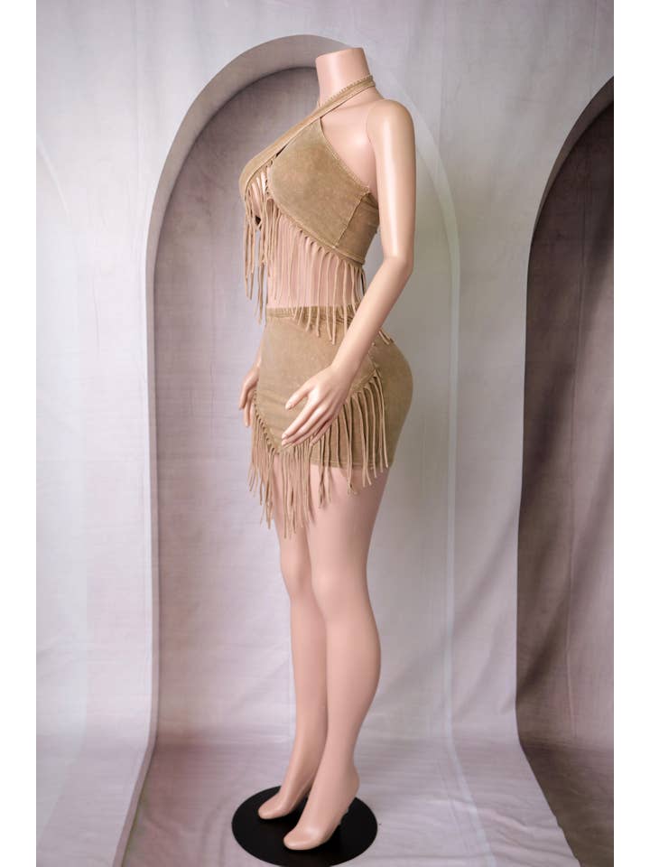 Cocoa Cream MINERAL WASH FRINGE HALTER TOP & SKIRT SET for wholesale on Faire2