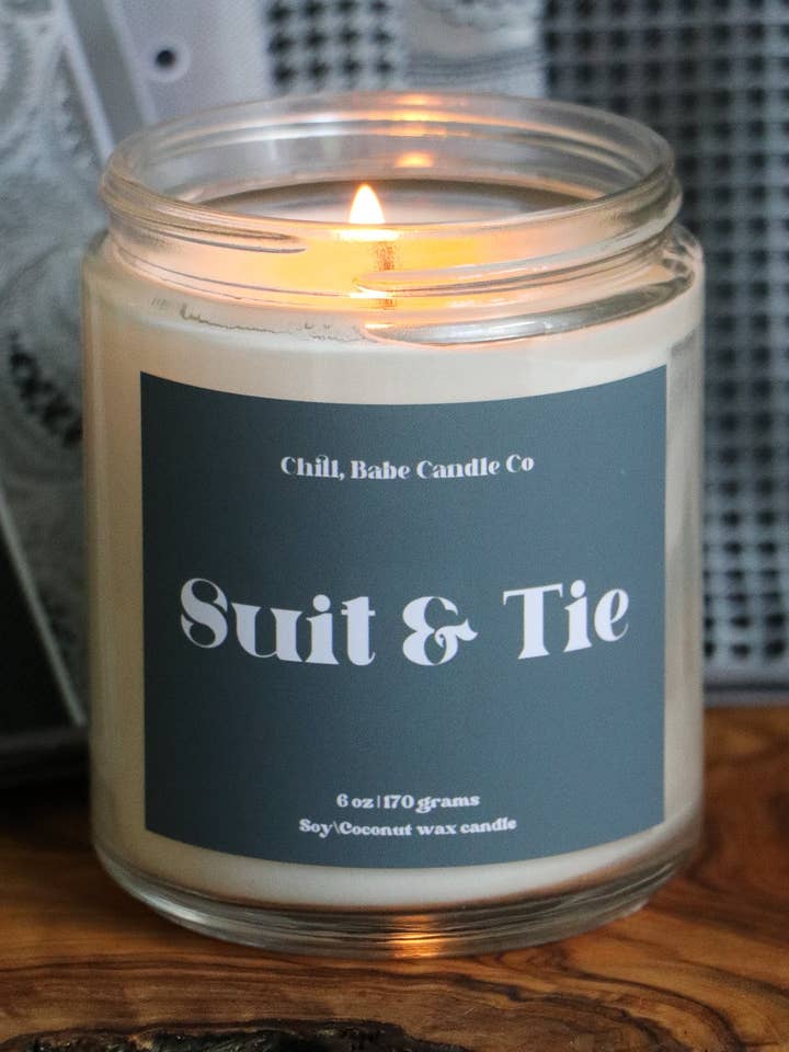 Suit & Tie Candle | Saffron + Cedarwood + Violet + Smoke for wholesale by Chill, Babe Candle Co
