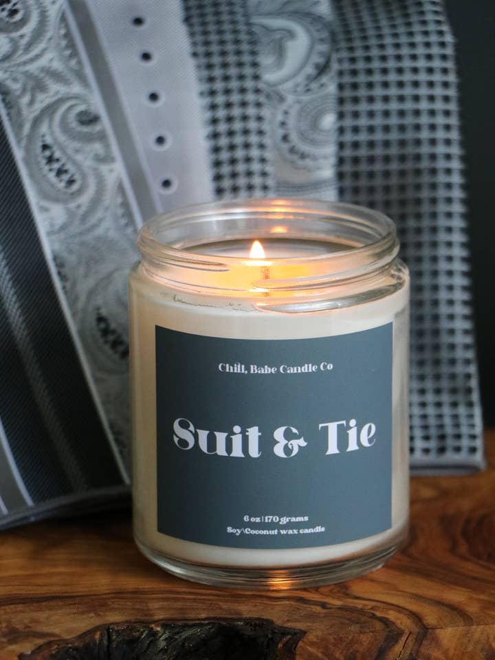 Suit & Tie Candle | Saffron + Cedarwood + Violet + Smoke for wholesale by Chill, Babe Candle Co