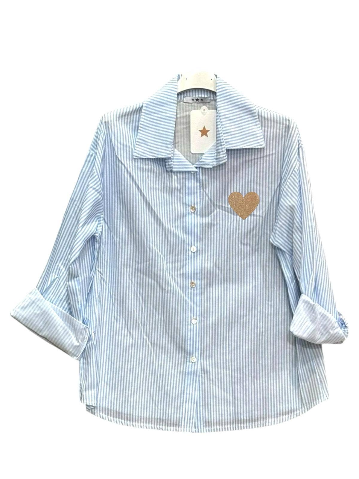 Moonsun - Vendita all'ingrosso Camicia button down - Donna - Camicia a righe in cotone con stampa a cuore4