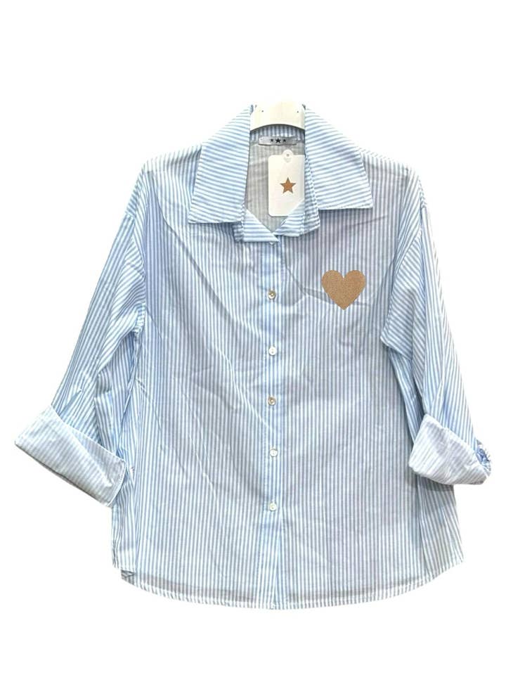 Moonsun - Vendita all'ingrosso Camicia button down - Donna - Camicia a righe in cotone stampato Cuore4