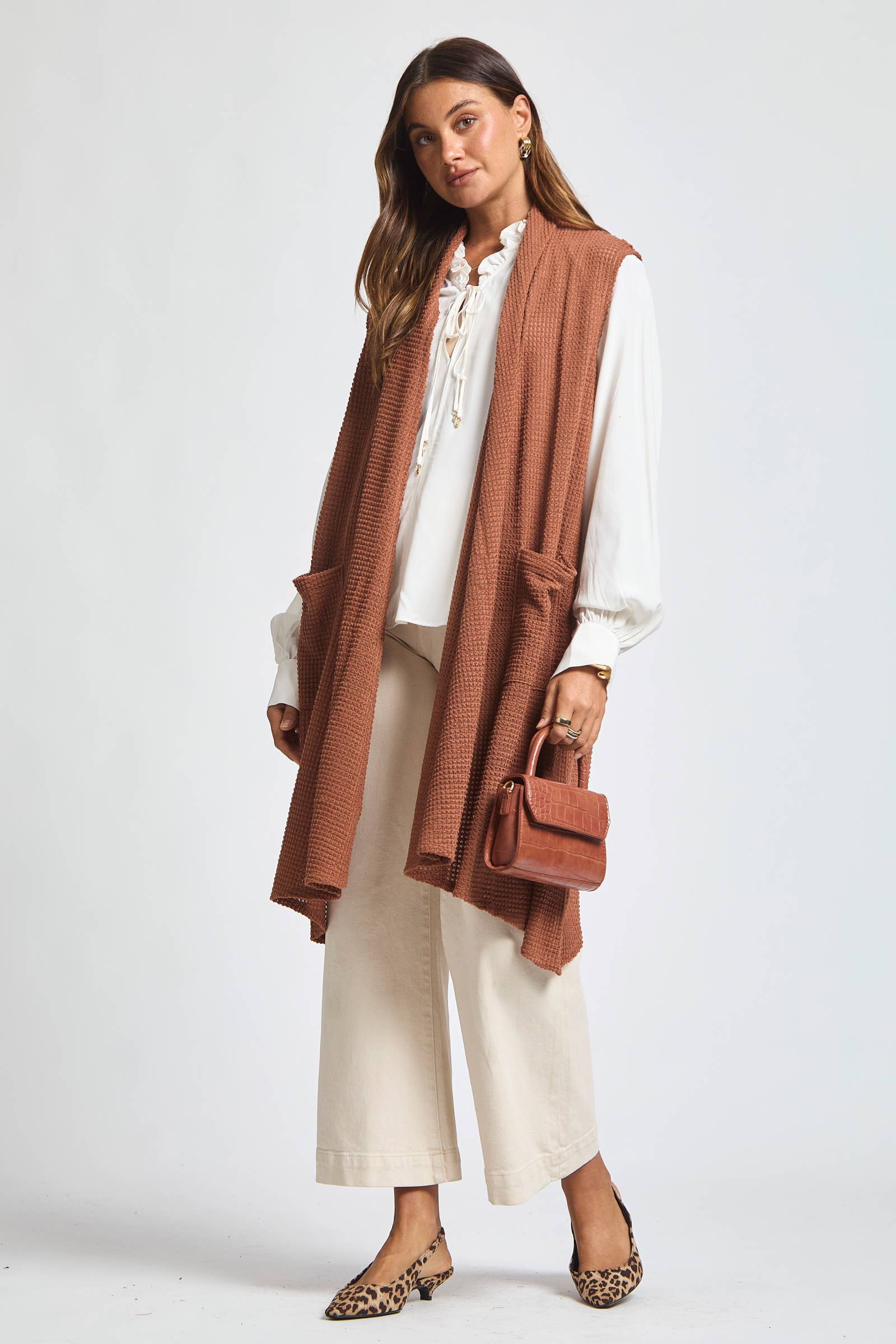 Dear Scarlett - Wholesale Outerwear Vest - Women's - Sleeveless Crochet Midi Vest Cardigan18