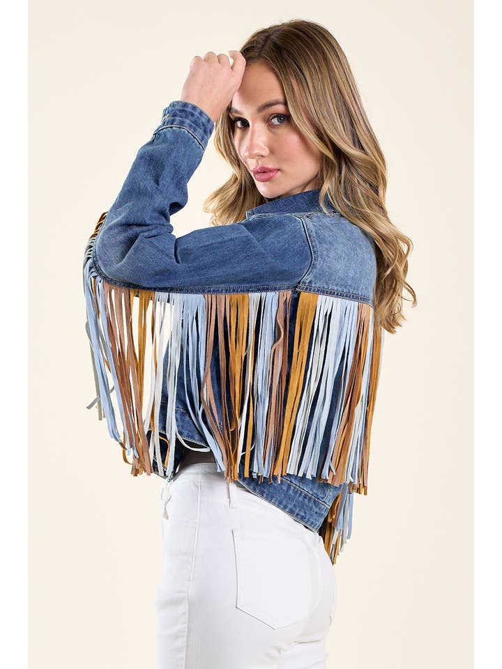 Saints & Hearts - Wholesale Denim Jacket - Women's - SIJ5246A DENIM MULTI COLOR SUEDE FRINGE DENIM JACKET