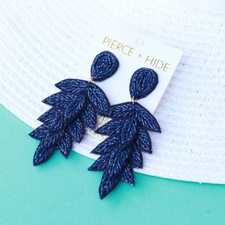 Custom Navy Tiered Leaf Earrings | Leaf Drop for wholesale by Pierce + Hide