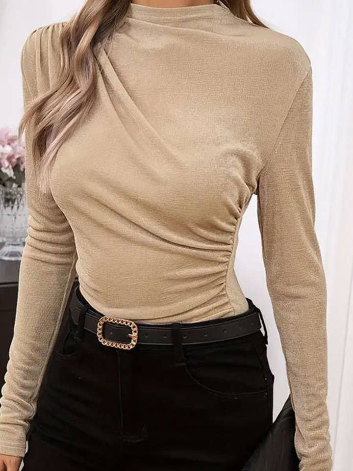 BEIGE Ruched Long Sleeve Fitted Top for wholesale on Faire