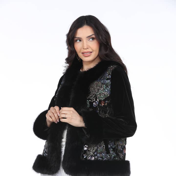 Chaqueta de terciopelo con lentejuelas florales y ribete de piel sintética para venta al por mayor de Aris A