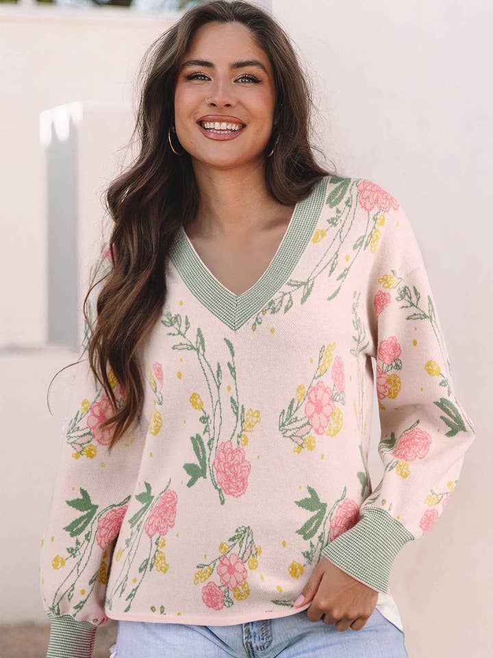 Pink Floral Pattern Striped V Neck Loose Sweater for wholesale by Sweet Lover Fashion