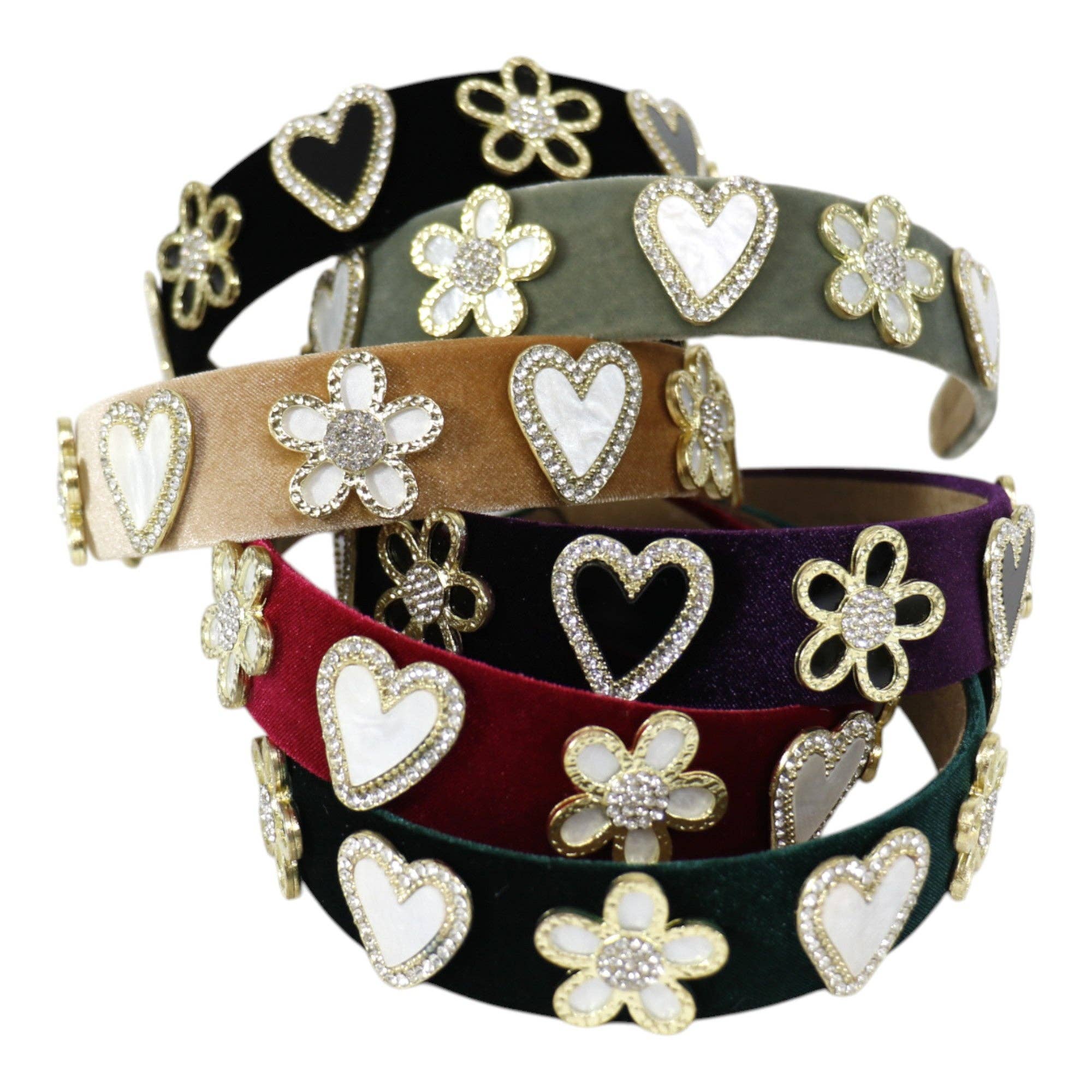 ASSORTED Heart Flower Charm Velvet Headband HB21027-16 (12PC) for wholesale on Faire5