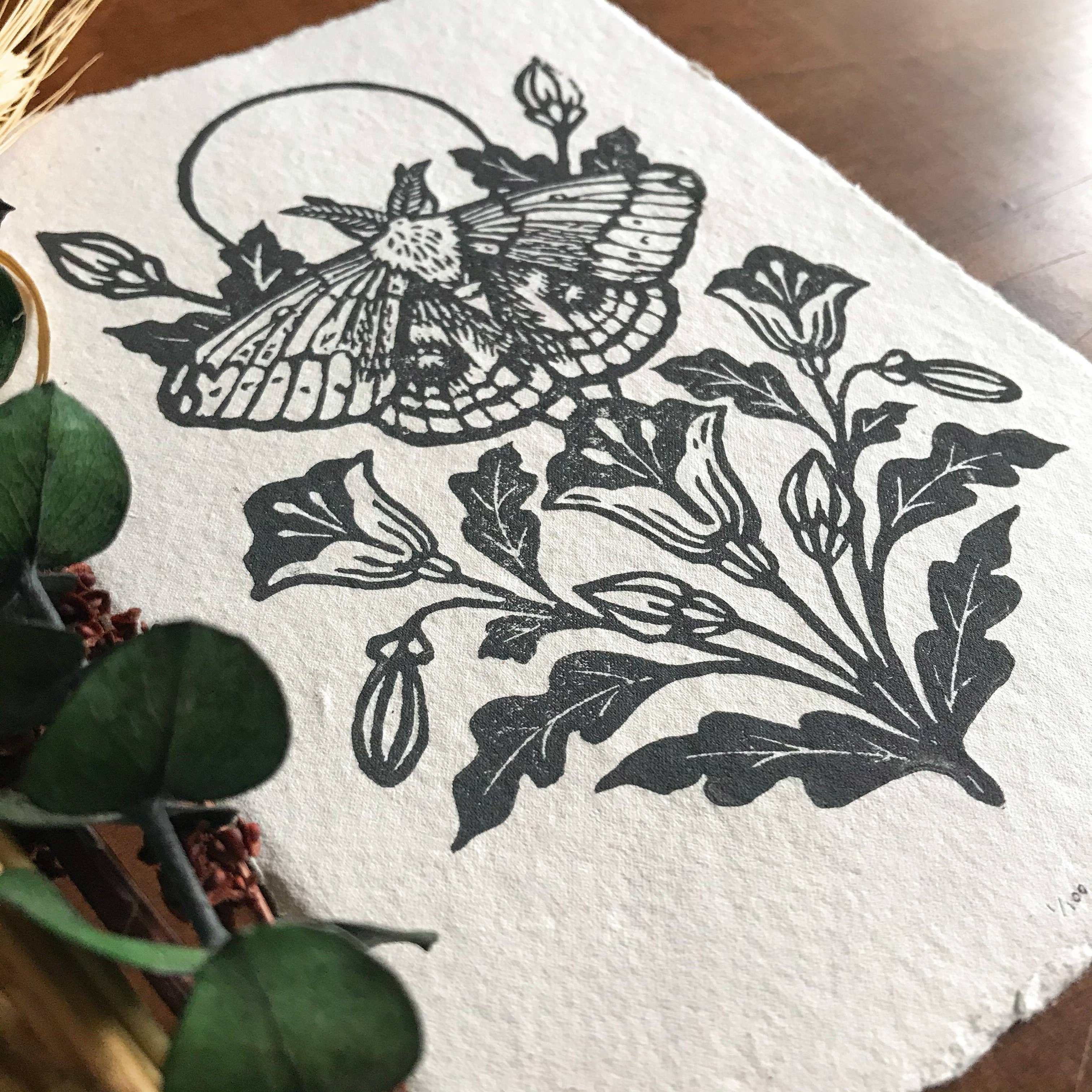 Mustard Beetle - Wholesale Art Print - IO Moth & Poppies Handprinted Linocut on Handmade Paper 5x7"3