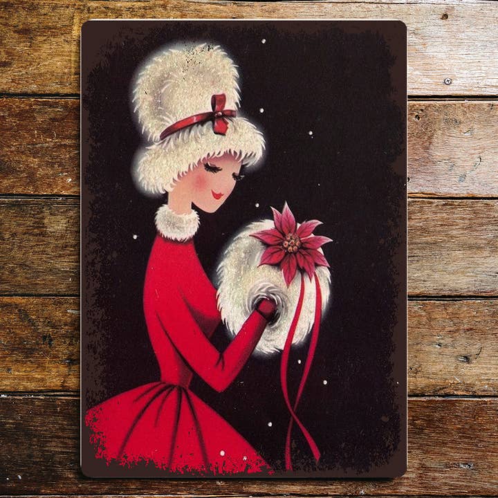 Lady Red Dress Hand Warmer Matching Hat Metal Sign Plaque for wholesale by The British Metal Signs Company