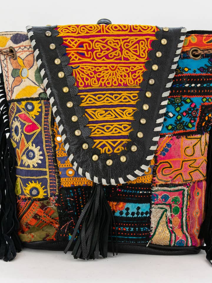 Black Leather Vintage Fabric Backpack w Fringe-011 for wholesale by Vintage Addiction