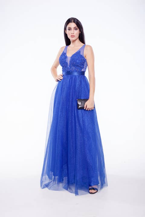 Robe modèle ligne A avec corsage en tulle stretch et appliqué de dentelle brodé à la main pour la vente par Virginia Cosenza