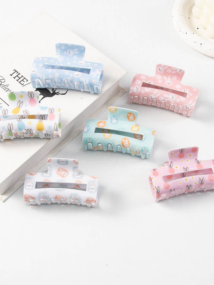 CWAHA1439_BUNNY HEAD PRINT RECTANGULAR LARGE HAIR CLAW CLIP for wholesale by NINEXIS