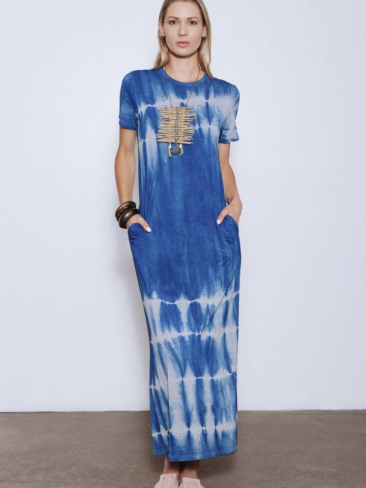 Robe colonne éco-dye recyclée MADI-ECOD, Indigo pour la vente par KINdom