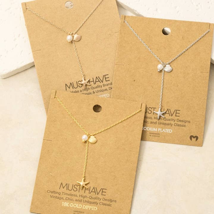 Fame Accessories - Wholesale Pendant/charm necklace - Gold Dipped Star Fish Sea Shell Y Necklace