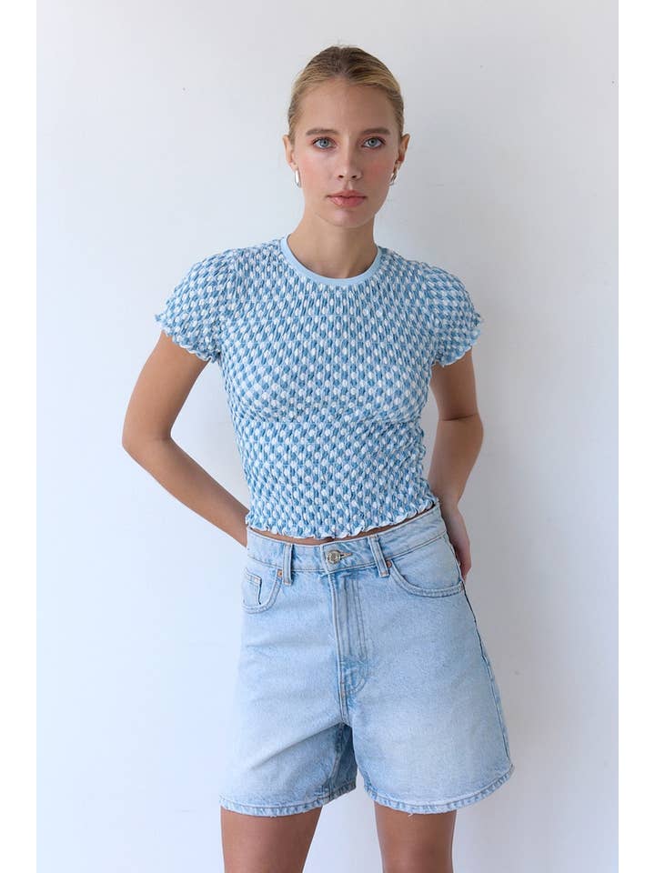 SEA BLUE WHITE SPAN GINGHAM TEE - MT3028Y for wholesale on Faire