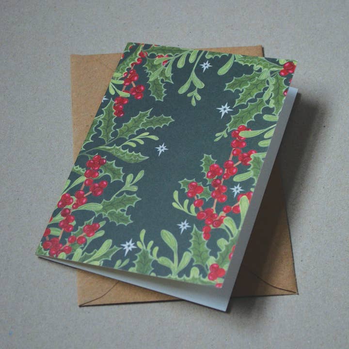 Mistletoe and Berry Winter Foliage Greetings Card for wholesale by Elle Morse