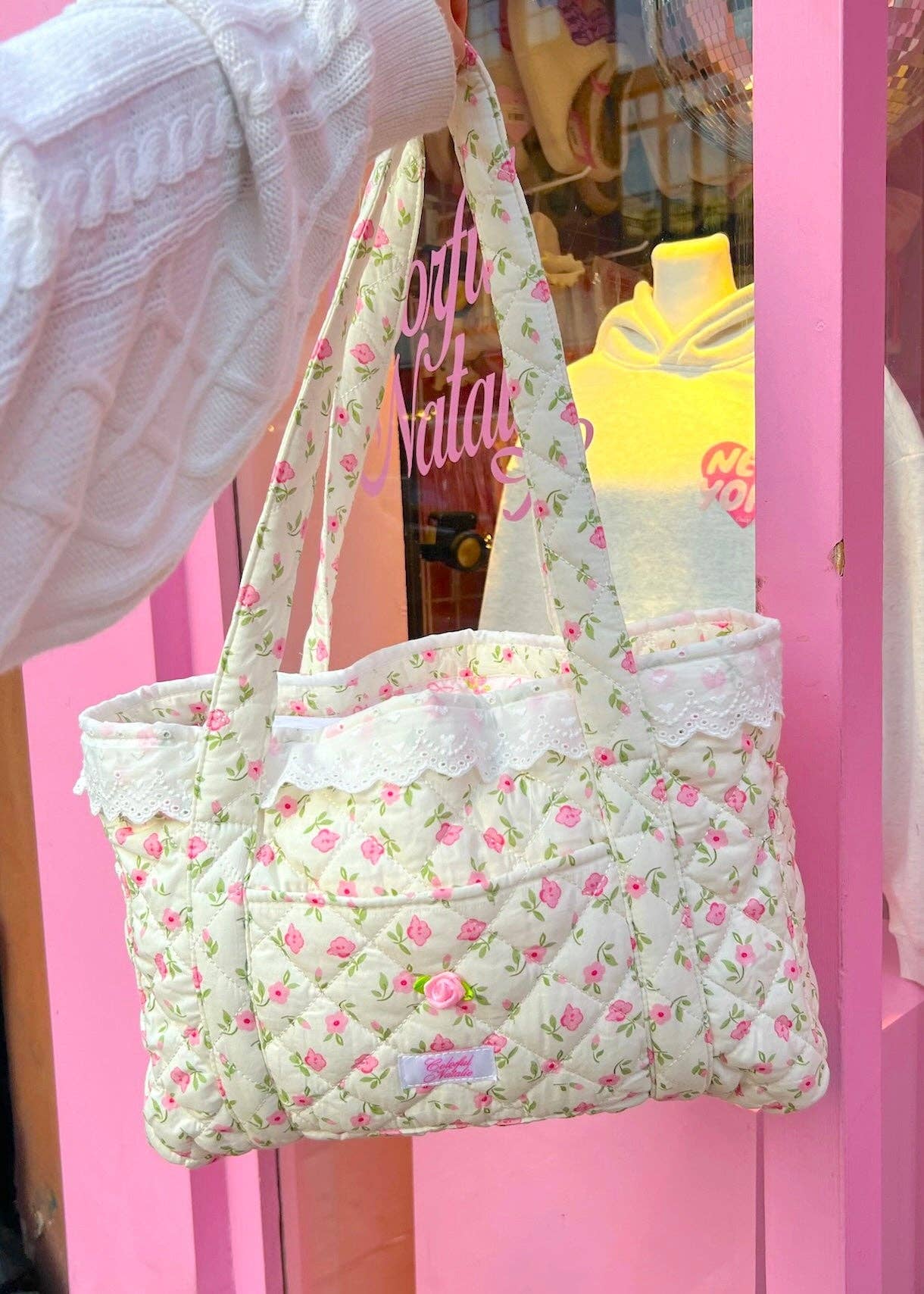 Colorful Natalie - Wholesale Tote Bag - Women's - Pink Flowers and Hearts Tote1