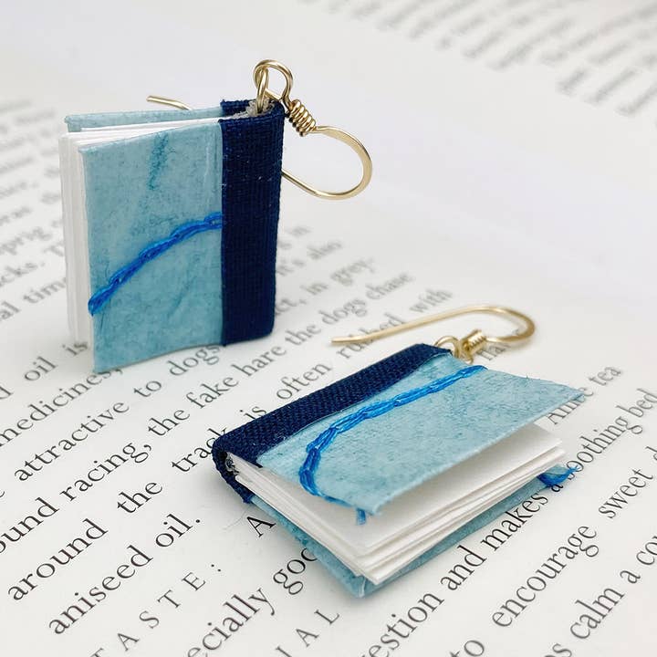 Blue Embroidery Book Earrings- Gold for wholesale by Nicolette Tallmadge Designs