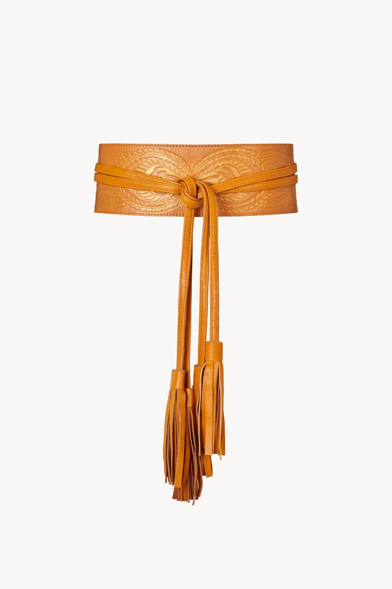 Lyrebird Feather Belt Antique Tan/Gold for wholesale on Faire1