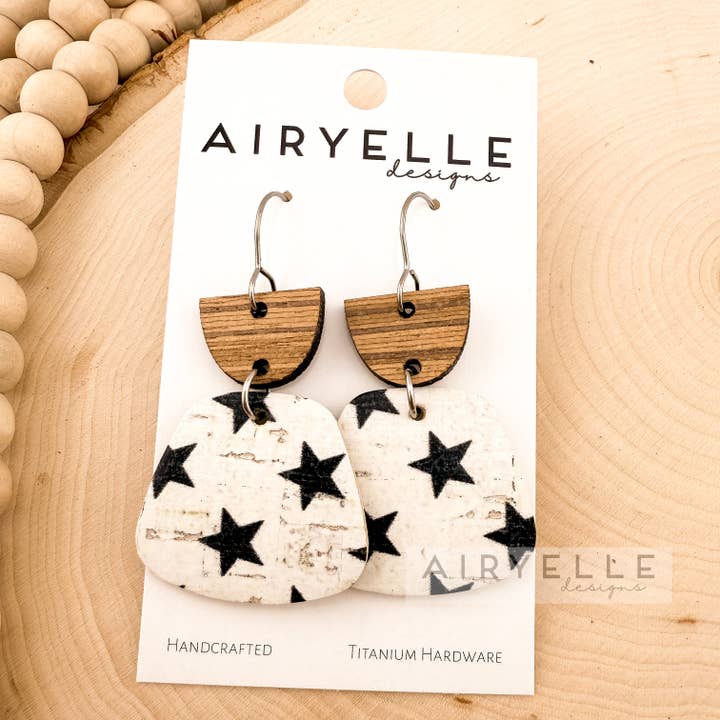 Black Star Cork + Leather Wood Earrings for wholesale by Airyelle Designs