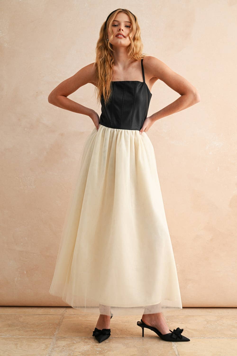 MIOU MUSE - Wholesale Dress - Women's - D5110   MESHED SKIRT WITH PU LONG DRESS8