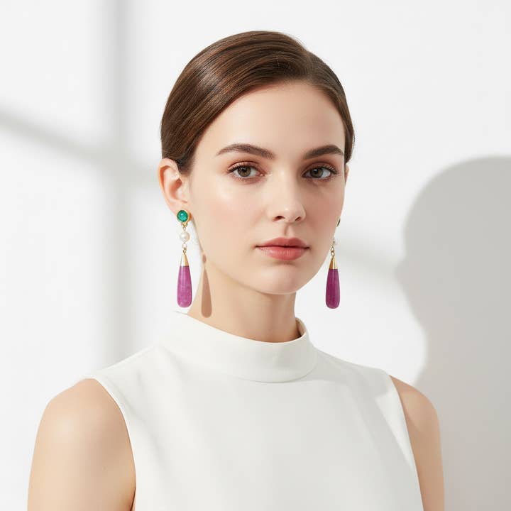 GirlyPirateCo - Wholesale Dangle Earrings - Gold Plated Freshwater Pearl and Red Stone Dangle Earrings2