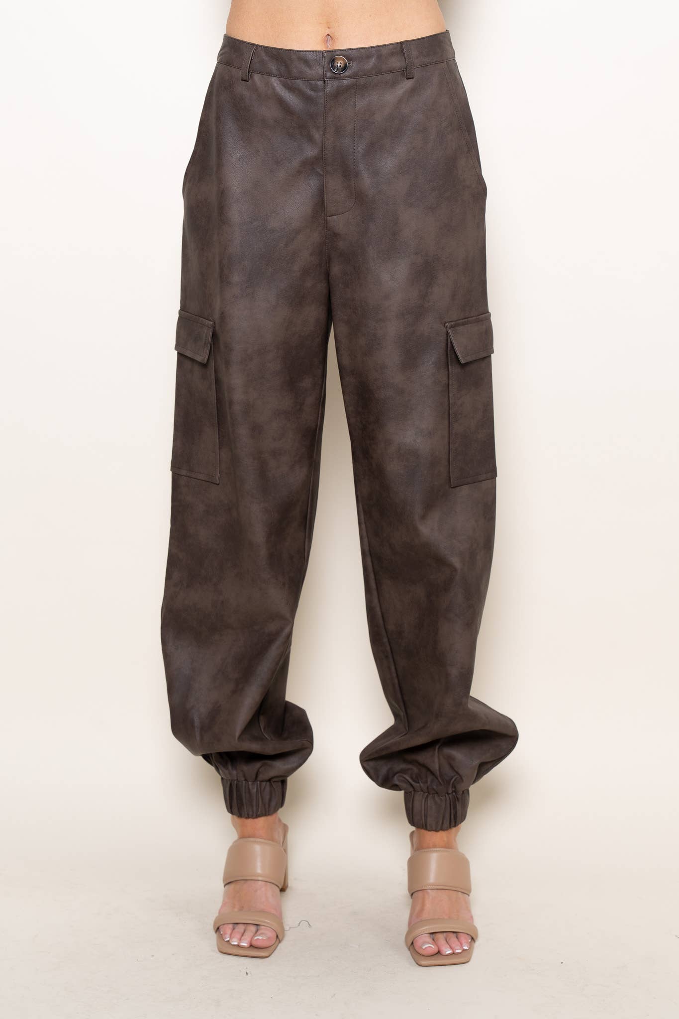 Brown PLEATHER CLASSY CUFFED CARGO JOGGERS-PI6888FO for wholesale on Faire4