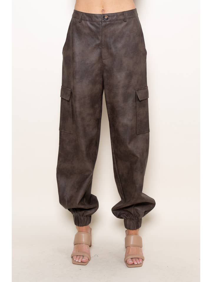 Brown PLEATHER CLASSY CUFFED CARGO JOGGERS-PI6888FO for wholesale on Faire4