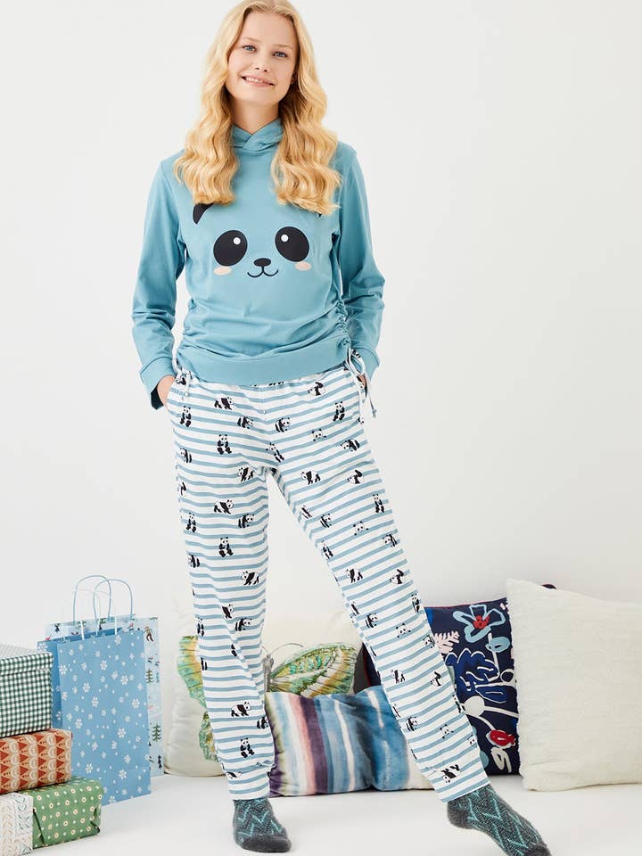 PANDA DESIGN 100% COTTON HOODIE LONG PYJAMA & LOUNGEWEAR SET for wholesale by ENNA MODA