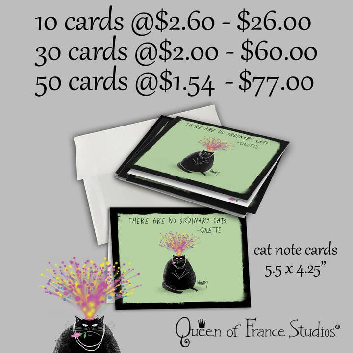 Black Cat In A Fancy Hat Note Cards for wholesale by Queen of France Studios