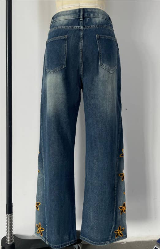 Blue Floral cutout Embroidered Distressed jeans for wholesale on Faire1