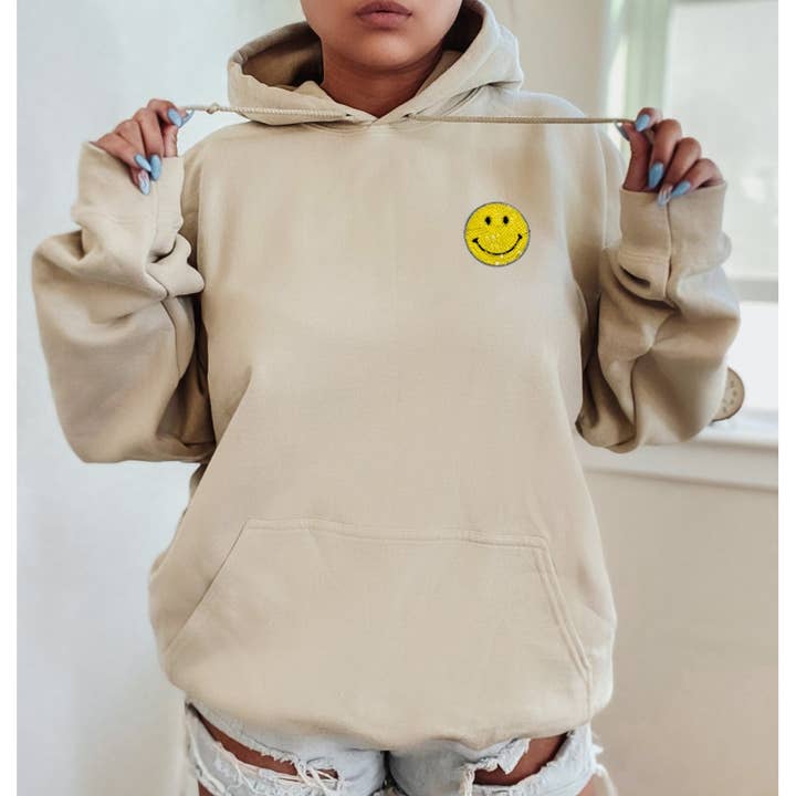 Shamaim - Wholesale Hoodie - Women's - HAPPY FACE SEQUIN Patch Graphic Unisex Fleece Hooded Sweatsh8