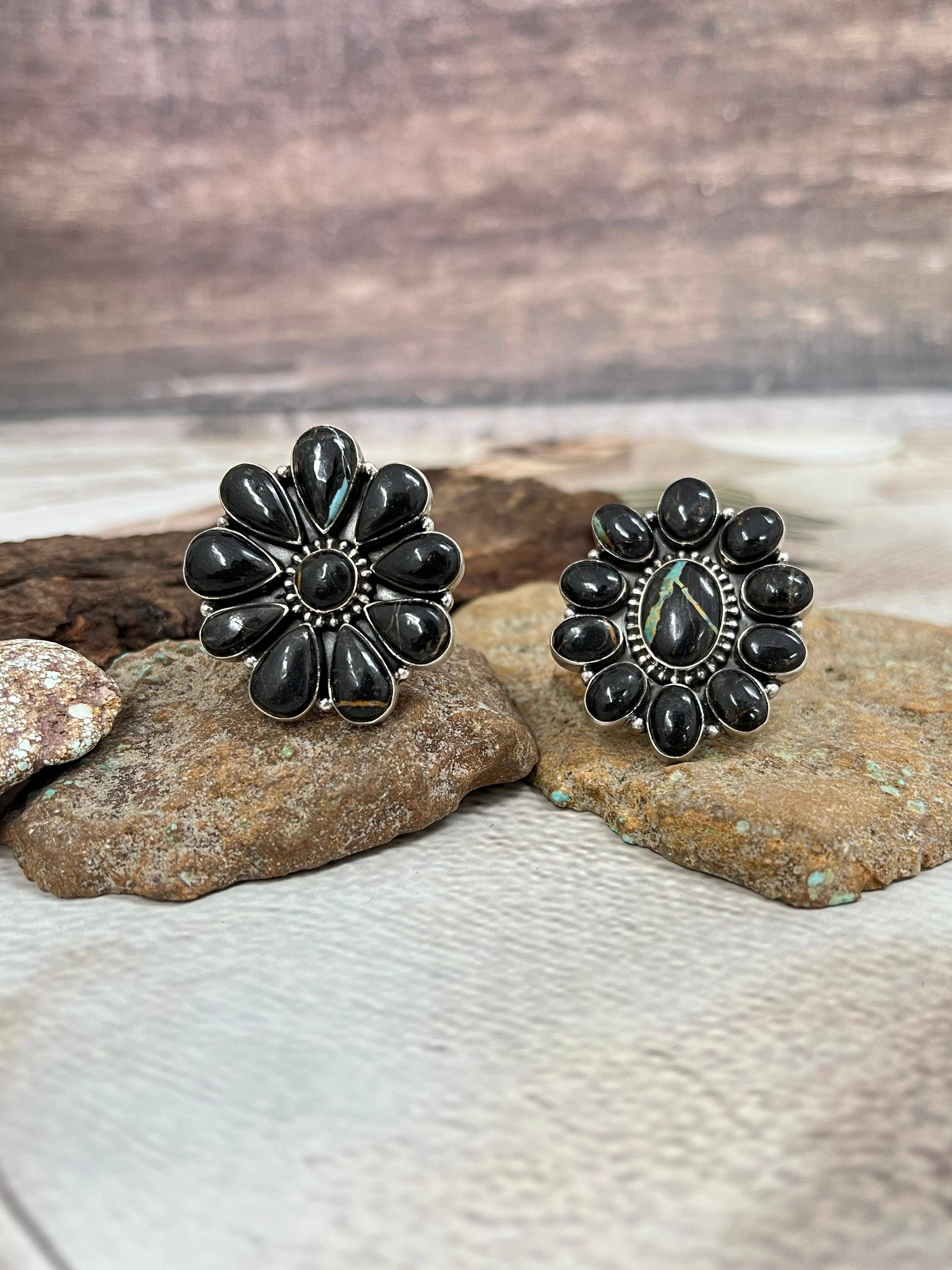 Nizhonitradersllc - Wholesale Cocktail/Statement Ring - Handmade Sterling Silver Blackjack Turquoise Adjustable Ring Signed Nizhoni