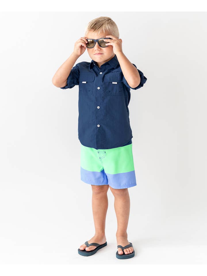 RuffleButts + RuggedButts - Wholesale Swim Shorts - Kids - Boys Mint & Blue Color Block Swim Trunks