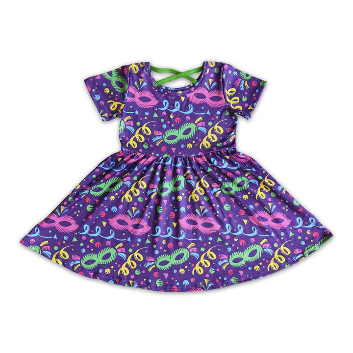 Short sleeve purple baby girl mardi gras dresses for wholesale by Yawoo Garments