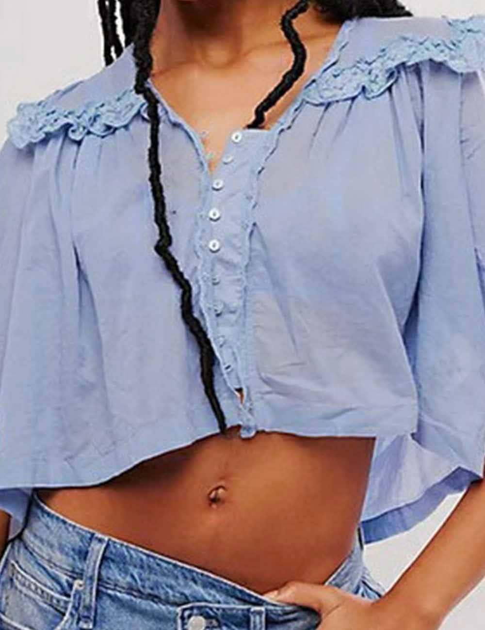 Sweetkama - Vente Chemisier – femme - Blouse en dentelle à manches courtes avec col Claudine pour femme8