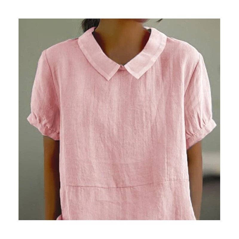 FurDecoration - Wholesale Blouse - Women's - Loose Fit Solid Color Wide Lapel Short Sleeve Shirt5