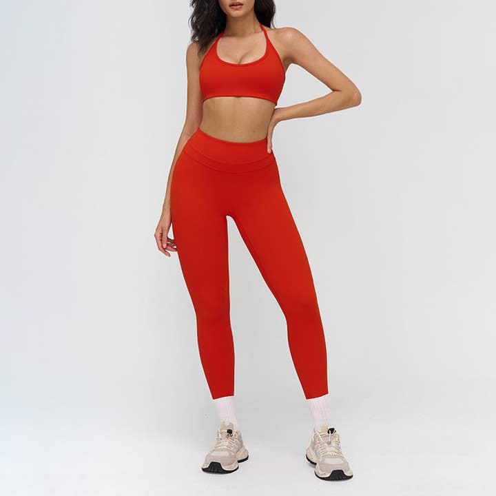 Halter-neck open-back sports bra + high-waisted leggings 2-piece set for wholesale by WONDERXFANS